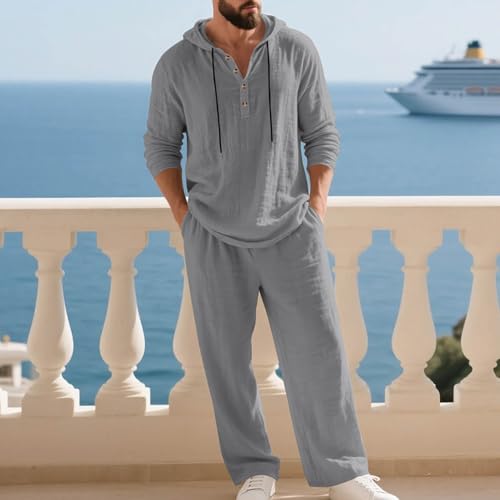Men's Hooded Casual Loose Top & Pants 2-Piece Set Linen Suit Long Sleeve Hoodie and Sweatpants Summer Outfits Beach Sets