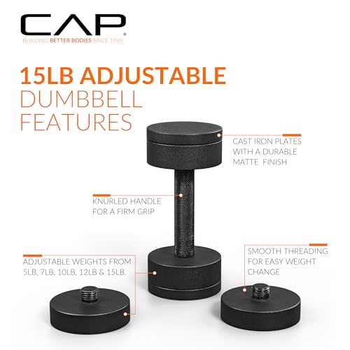 CAP Barbell 15 lb Adjustable Dumbbell – Compact Cast Iron Weight | Multiple Options