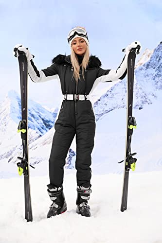 Zwurew Womens Winter Ski Suit Outdoor Sports Waterproof Snowsuit Fur Collar Ski Jumpsuit Coat