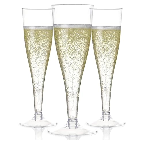 Prestee Set of 24 Clear Plastic Champagne Flutes - 4.5 oz Capacity Shatterproof Disposable Glasses - Suitable for Wedding...