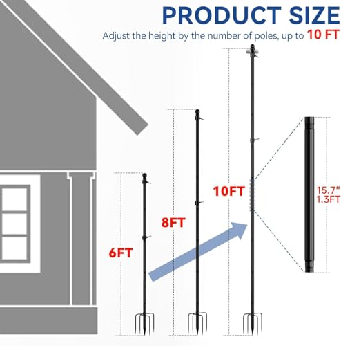 ZMTECH 10 FT Flag Pole in Ground, Heavy Duty Flag Pole Holder for Outside House with 5 Pronges Base, Extra Thick Flag Pole...