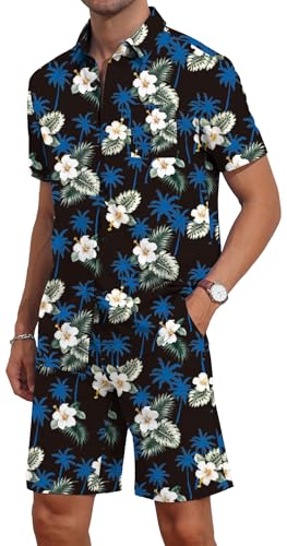 YTD Mens Flower Hawaiian 2 Piece Outfit Sets Short Sleeve Beach Casual Button Down Shirt and Shorts Suits