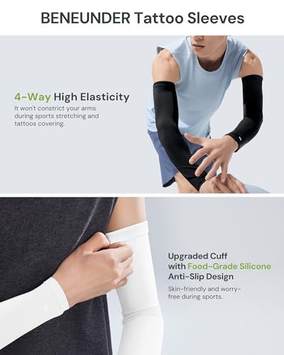 BENEUNDER UPF 50+ Arm Sleeves for Men Women Cooling UV Sun Protection Sports Compression Tattoo Cover Up