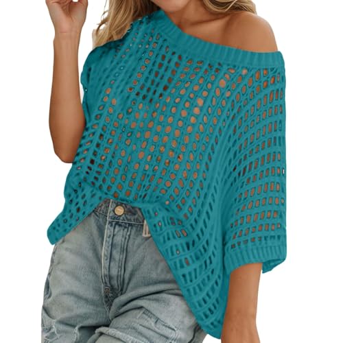 Womens Summer Scoop Neck Short Sleeve Shirts Casual Off The Shoulder Crochet Hollow Out Knit Top Pullover Beach Cover Up