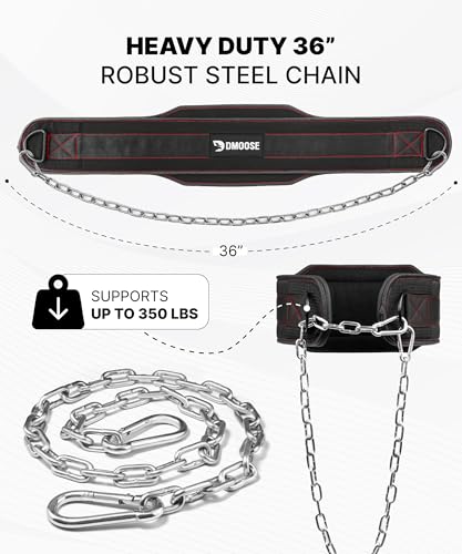 DMoose Fitness Dip Belt for Weight Lifting, Pullup, Squats & Dips - 36" Robust Steel Chain, Comfortable Neoprene Padding S...