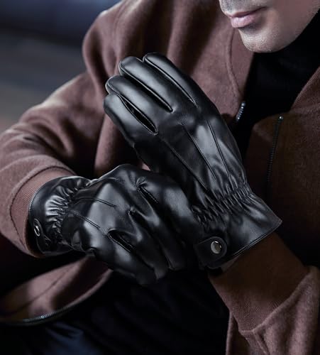 Aegend Leather Gloves for Men, Soft Warm Lining Full Hand Touchscreen Winter Gift Thermal