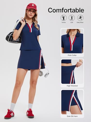 Women’s 2 Piece Tennis Skirt Set Colorblock V Neck Polo & High Waisted Side Slit Skort Athletic Outfit for Pickleball Golf