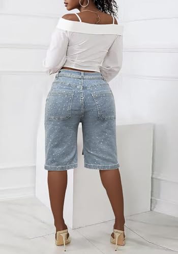 Vakkest Women's Sparkly Rhinestone Jean Shorts Bermuda Baggy Straight Leg Denim Shorts Shiny Glitter Party Y2k Outfits