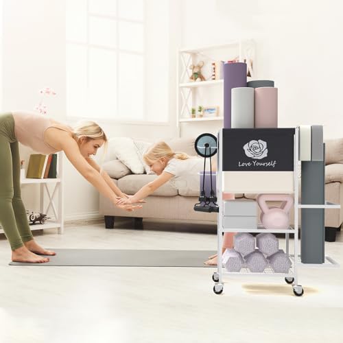 Yoga Mat Storage Rack，Home Gym Storage Rack Gym Workout Equipment Storage Organizer Fitness Weight Rack on Wheels for Yoga...
