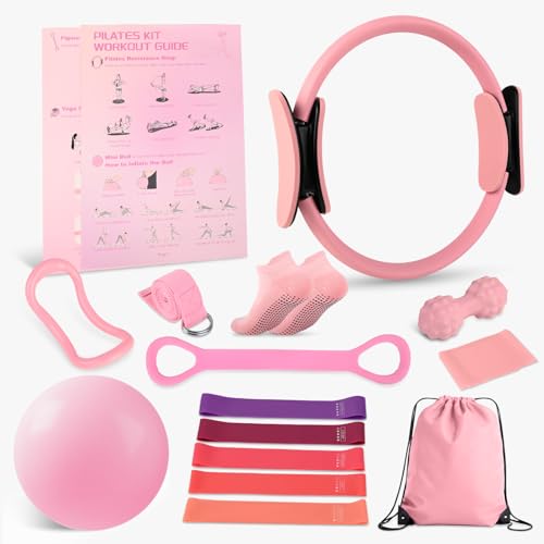 NITMTYOU Home Pilates Essentials Kit for Women - Complete Set with 9" Yoga Ball, Figure 8 Resistance Band, Pilates Bands, ...