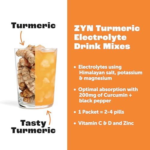 ZYN Electrolyte Drink Mix Hydration Packets, Electrolytes Powder, Hydration Packets w/Turmeric Curcumin, Vitamin C and D, ...