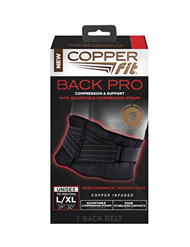 Copper Fit Pro Back Support, Black with Copper Trim, Large/X-Large, Unisex Waist Size 39”-50” (CFBACK)