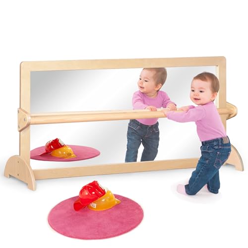 KRAND 3-Position Montessori Wood Frame Non-Shatter Safety Pull Up Bar Baby Big Mirror Set, Infant Coordination Mirror, Kid...
