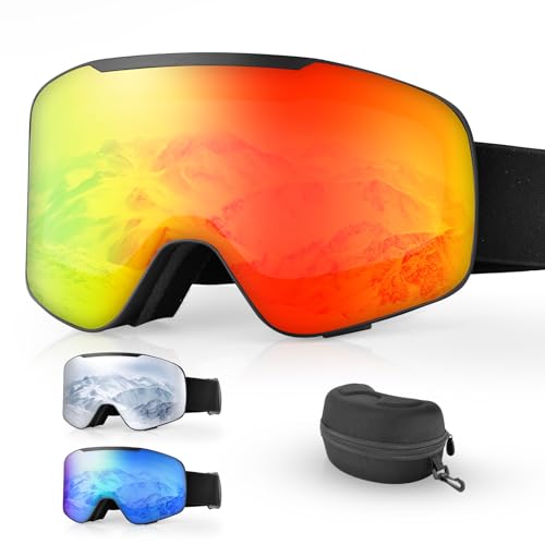 Beautiq Unisex Ski Goggles with Magnetic Flip Cover, OTG Compatible Snowboard Goggles for Winter- Anti-Fog & U V Protection