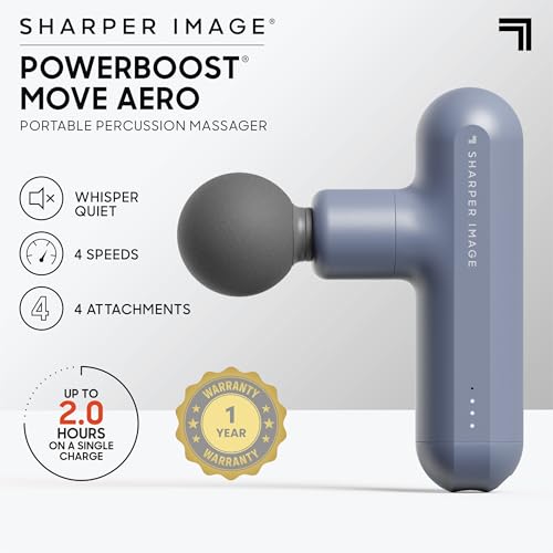 Sharper Image Powerboost Move Aero 3.0 – Mini Percussion Massage Gun| Updated Soft-Touch Design, Carrying Bag, 4 Nodes| Po...