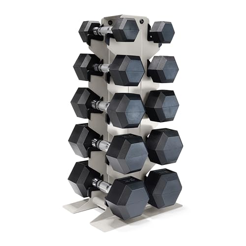 CAP Barbell Rubber Coated Hex Dumbbell Set with Vertical Rack | 100-300 lbs Free Weights Dumbbells Set for Home Gym | Mult...