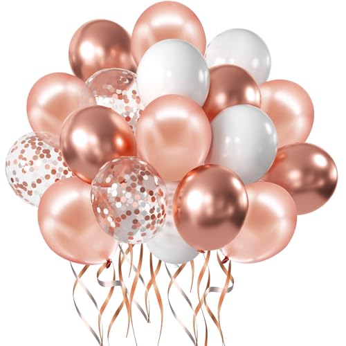 Zesliwy Rose Gold Confetti Balloons, 50 Pack 12 inch White and Rose Gold Latex Balloons with 33 Feet Rose Gold Ribbon for ...