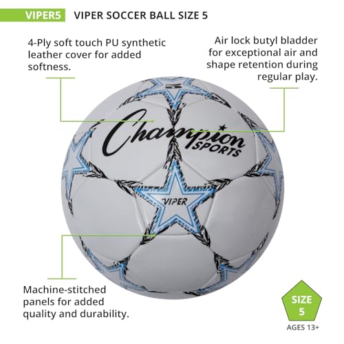 Champion Sports Viper Soccer Ball – Sizes 3, 4, 5 – Soft Touch TPU Cover, Durable Butyl Bladder, Youth & Adult Training Ba...
