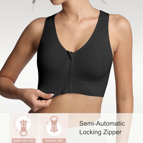Lemef Front Zipper Sports Bras for Women Wirefree Post Surgery Bra Front Closure Racerback Compression Mastectomy Bras