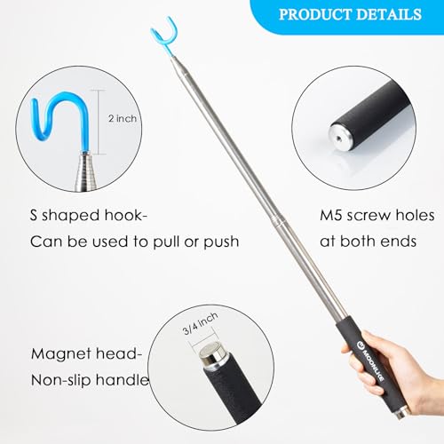 Moonlike Telescoping Pickup Tool Magnetic Pole with Hook, 10 ft Telescopic Grabber Hook Pole Wire Reacher Tool, Push Pull Rod