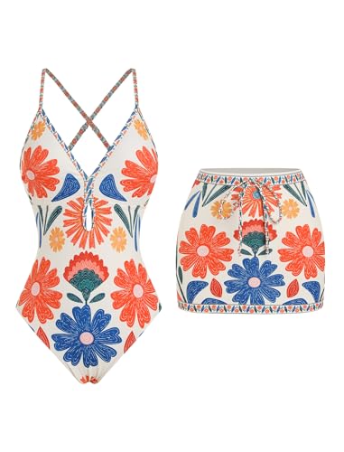 ZAFUL Women's One Piece Swimsuit with Skirt V Neck Plaid Bikini Front Cut Out Two Piece Bathing Suit