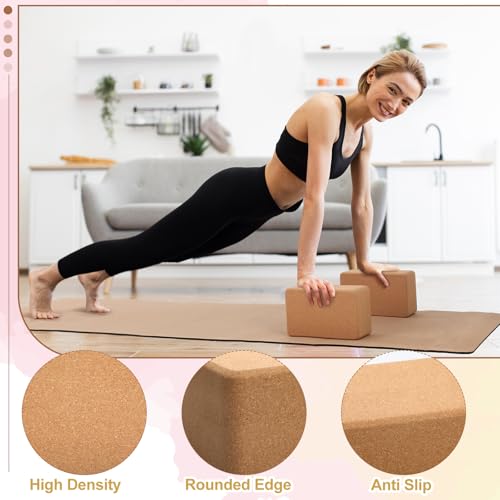 Seenelling 7 Pcs Cork All in One Yoga Essentials Kit Large Cork Yoga Mat and Blocks Set with Carry Strap and Alignment Lin...