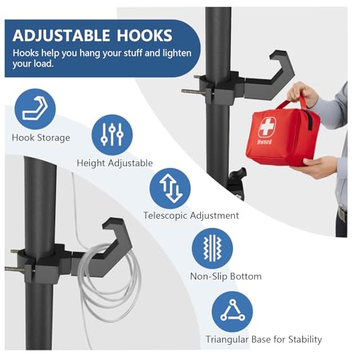 Foldable IV Pole Stand, Portable Telescoping Floor Stand with 4 Hooks, Height Adjustable, Travel Infusion Pole for Home Ca...