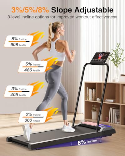 Walking Pad Treadmill with Handle Bar, 2.5 HP Portable Compact Under Desk Treadmills, 5.0 Speed Walking Pad with App, Smal...