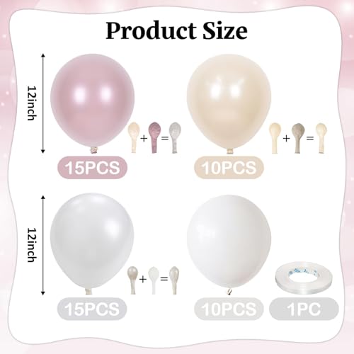 Double Stuffed Pearl White and Pink Balloons, 50pcs Double Stuffed Pearl Sand White Dusty Retro Pink Latex Balloons for Wo...