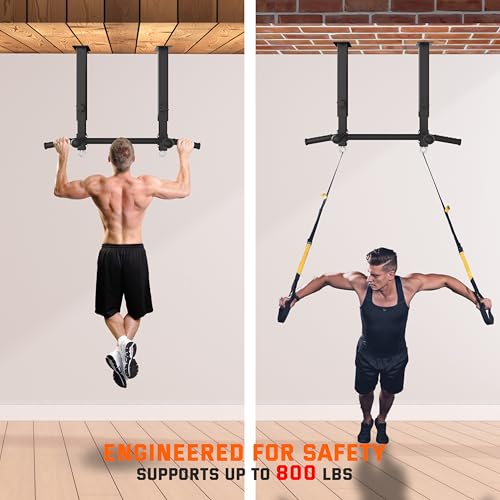 Upgraded-24" Ceiling Mount Pull Up Bar for Garage/Basement/Rafter - Heavy Duty 800LBS Adjustable Height Multi-Grip Chin Up...