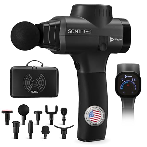 LifePro Sonic Pro Handheld Electric Massage Gun – Deep Tissue Percussion Massager Gun with 10 Speeds & 9 Heads – Muscle Ma...