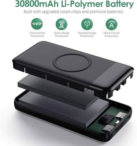 Wireless Portable Charger 30,800mAh,15W Wireless Charging USB C Power Bank,25W PD QC 4.0 Fast Charging 4 Outputs Travel Es...