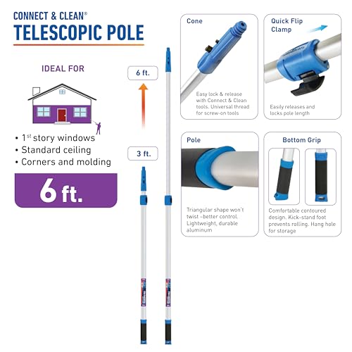 Unger Professional Connect & Clean 3’-6’ Aluminum Telescopic Extension Pole with Locking Cone & Quick-Flip Clamp – Compati...