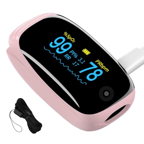 Fingertip Pulse Oximeter with Respiration Rate Monitoring, SpO2, Heart Rate, PI & RR Measurements, Blood Oxygen Rechargeab...