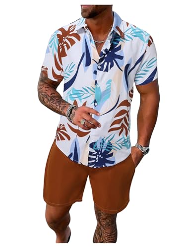 SOLY HUX Men's 2 Piece Beach Vacation Outfit Tropical Print Button Down Shirt and Drawstring Shorts Set