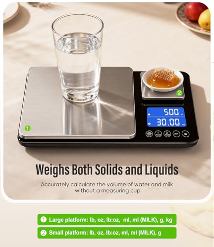 Digital Dual Platform Kitchen Scale, 33 lb Large & 1.1 lb Mini Food Scale with Dual-Line LCD Display, Stainless Steel, Hig...