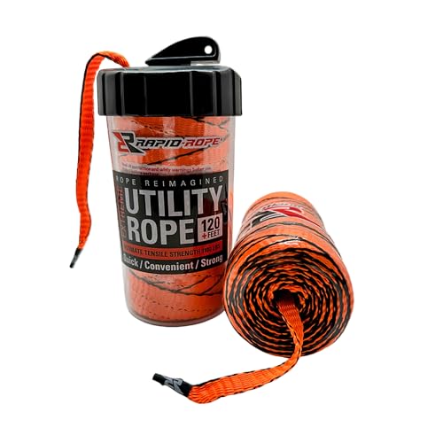 Rapid Rope Canister 120ft Orange Flat Tactical Paracord, Made in USA, 1100lb Tested Heavy Duty Poly Rope Test Cord, Non-Ta...