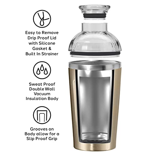 OGGI Groove Insulated Cocktail Shaker-17oz Double Wall Vacuum Insulated Stainless Steel, Tritan Lid has Built In Strainer,...