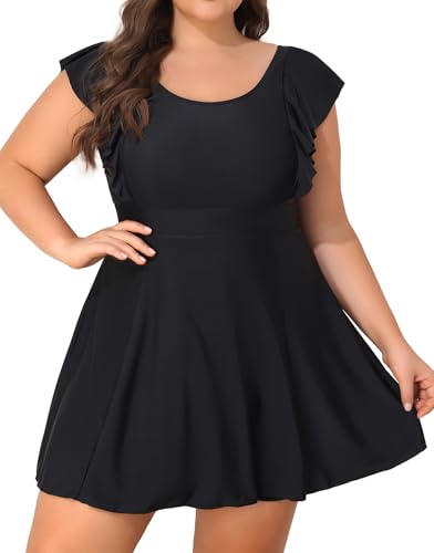 Smismivo Women Plus Size Swim Dress One Piece Bathing Suits Built in Shorts Tummy Control Swimdress
