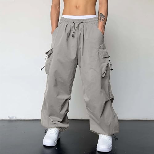 Men's Baggy Cargo Pants Y2K Drawstring Waist Trendy Casual Parachute Pants Athletic Loose Fit Joggers Trousers with Pockets