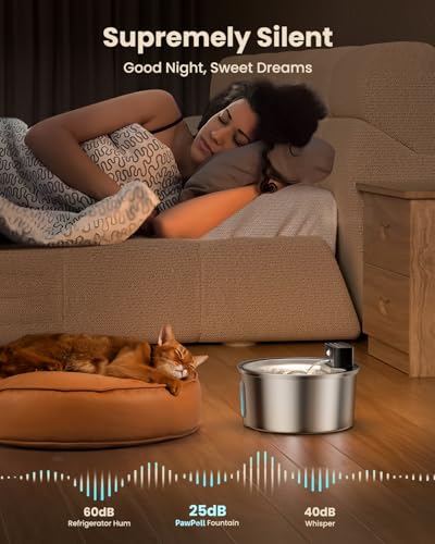 PawPoll Wireless Cat Water Fountain Stainless Steel - 3.2L/108oz Cordless Pet Water Fountain Battery Operated Cats Water D...