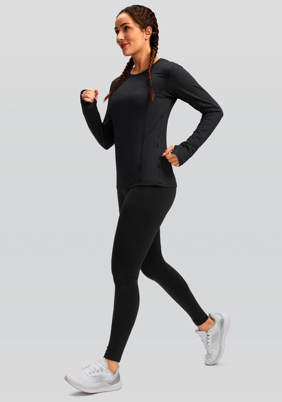 Women's Thermal Fleece Tops Long Sleeve Workout Shirts Running Athletic Base Layer with Thumb Holes Zipper Pocket