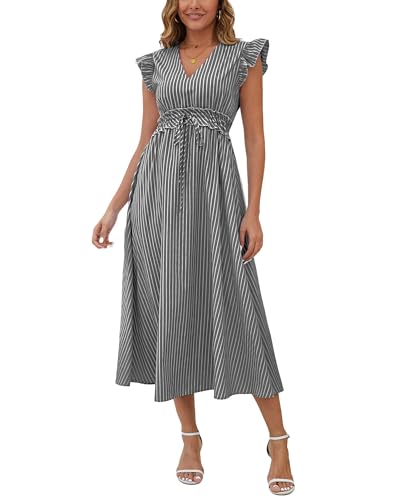 Bsubseach 2026 Cap Sleeve Cover Up Women Striped V Neck Beach Maxi Dress Drawstring Bathing Suit Coverups Swimwear