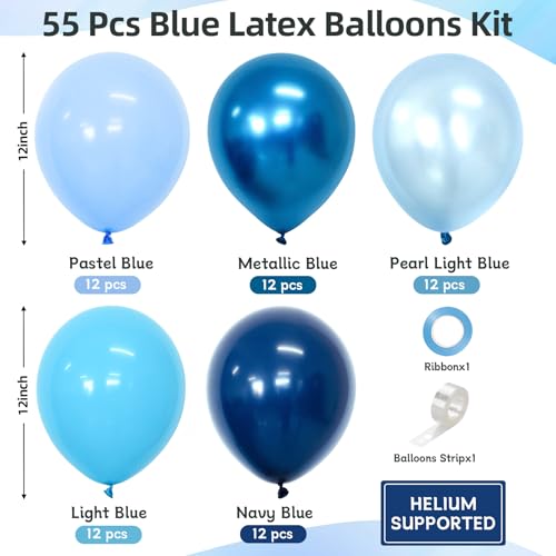 Assorted Blue Balloons Set, 60 pcs Metallic Blue Balloons, Pearl, Navy, Light Blue, Baby Blue Balloon 12 inch Latex Balloo...
