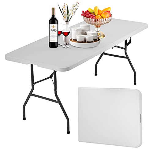 Folding Table 6 ft | Heavy Duty Plastic Picnic Table Indoor Outdoor | Portable Camping Dining Party Utility Table | Easy t...