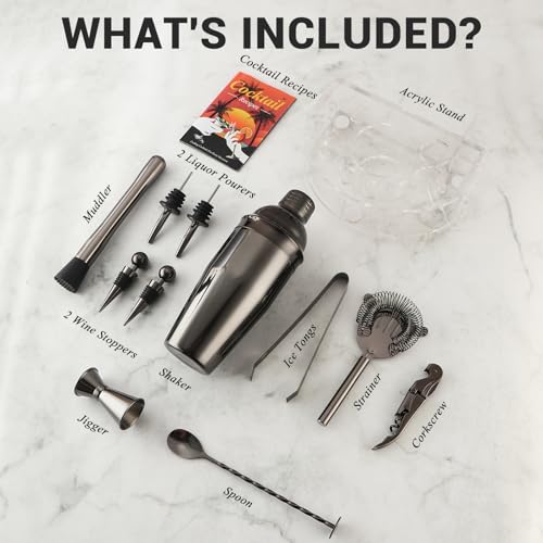 Bartender Kit Cocktail Shaker Set, Stainless Steel Cocktail Kit with 12 Piece Bar Accessories, 25oz Shaker Bar Set Drink M...