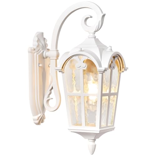 Vianis White Porch Lights Outdoor  Outside Dusk To Dawn Light Fixtures Wall Mount  Exterior Lighting For House With Ripple Glass  Lantern Fixture For Patio Garage Front Coach  Anti-Rust Waterproof
