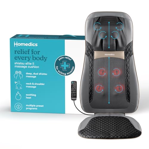 HoMedics Back Massager with Heat, Shiatsu Elite II Heated Neck and Back Massage Cushion. 3 Different Massage Styles and 3 ...