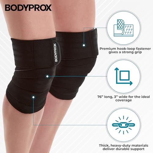 Bodyprox Knee Wrap 2 Pack for Squats, Weightlifting, Powerlifting, Leg Press, and Cross Training, Knee Support for Men and...