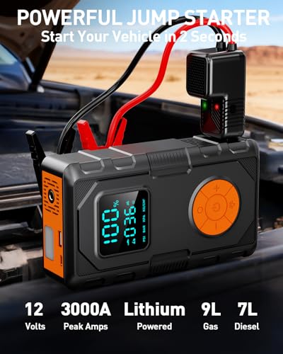 Jump Starter with Air Compressor, Car Battery Jump Starter (8.0 Gas/7.0L Diesel), Battery Jumper Starter Portable Jump Bo...